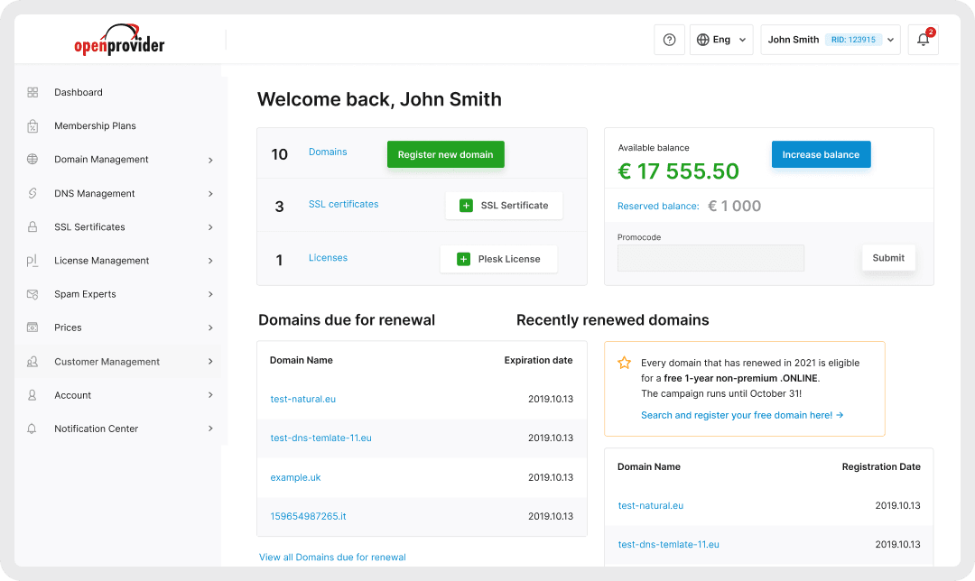 openprovider domain reseller control panel